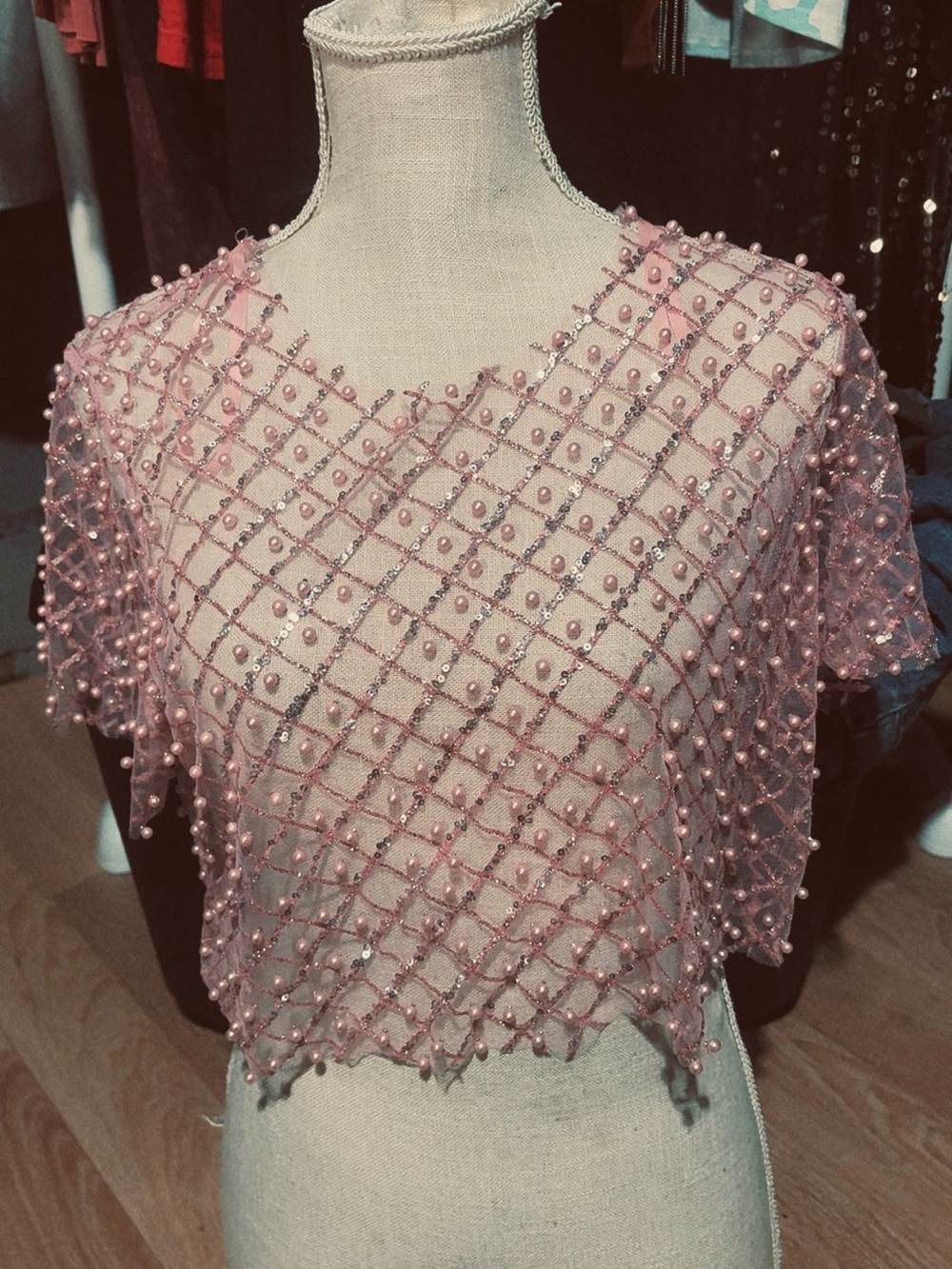 Embellished Pink Beaded Mesh Crop Top